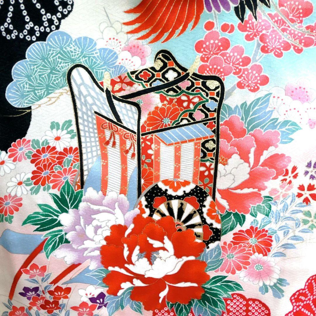 セット　七五三 ７歳女の子 長着＆袖なし長襦袢＆帯＆小物　黒×赤　金糸花御所車鶴