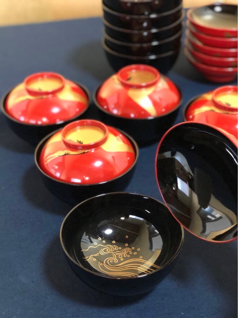 割引❗️《R》日の出椀5客 鶴波蒔絵 吸物椀 木製漆器 時代 251218か1