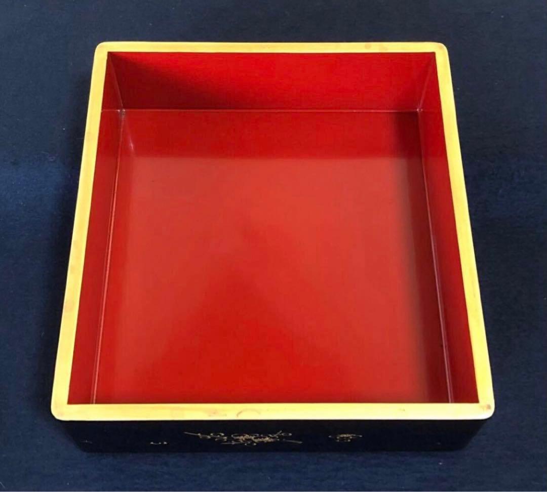 《レ》黒内朱 沈金図 二段重 替蓋 重台付 木製漆器 木箱251113え1