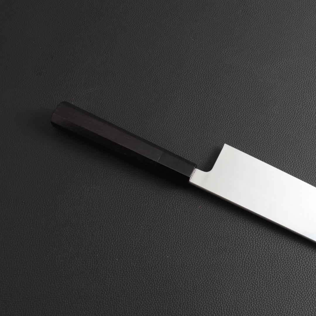 10464 切付型牛刀 尺寸 両刃 鏡面仕上げ 刺身包丁 黒檀黒水牛角八角柄
