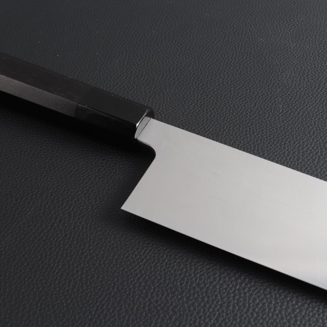 10464 切付型牛刀 尺寸 両刃 鏡面仕上げ 刺身包丁 黒檀黒水牛角八角柄