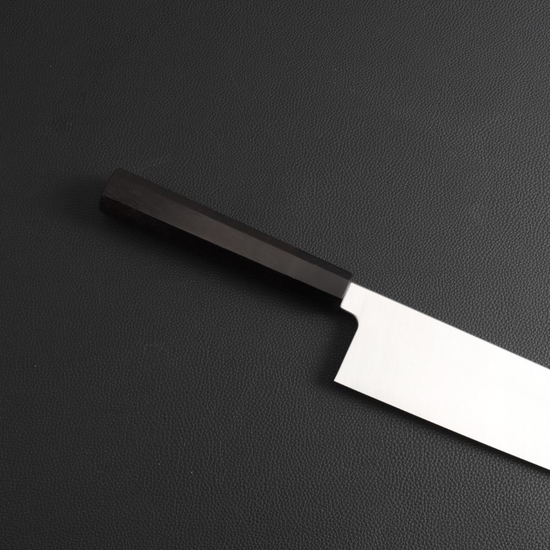 10464 切付型牛刀 尺寸 両刃 鏡面仕上げ 刺身包丁 黒檀黒水牛角八角柄