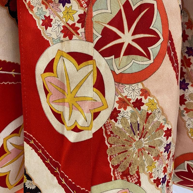 510ag47◎七五三 七歳 女児 アンティーク着物&袋帯 レトロ 総柄 赤◎