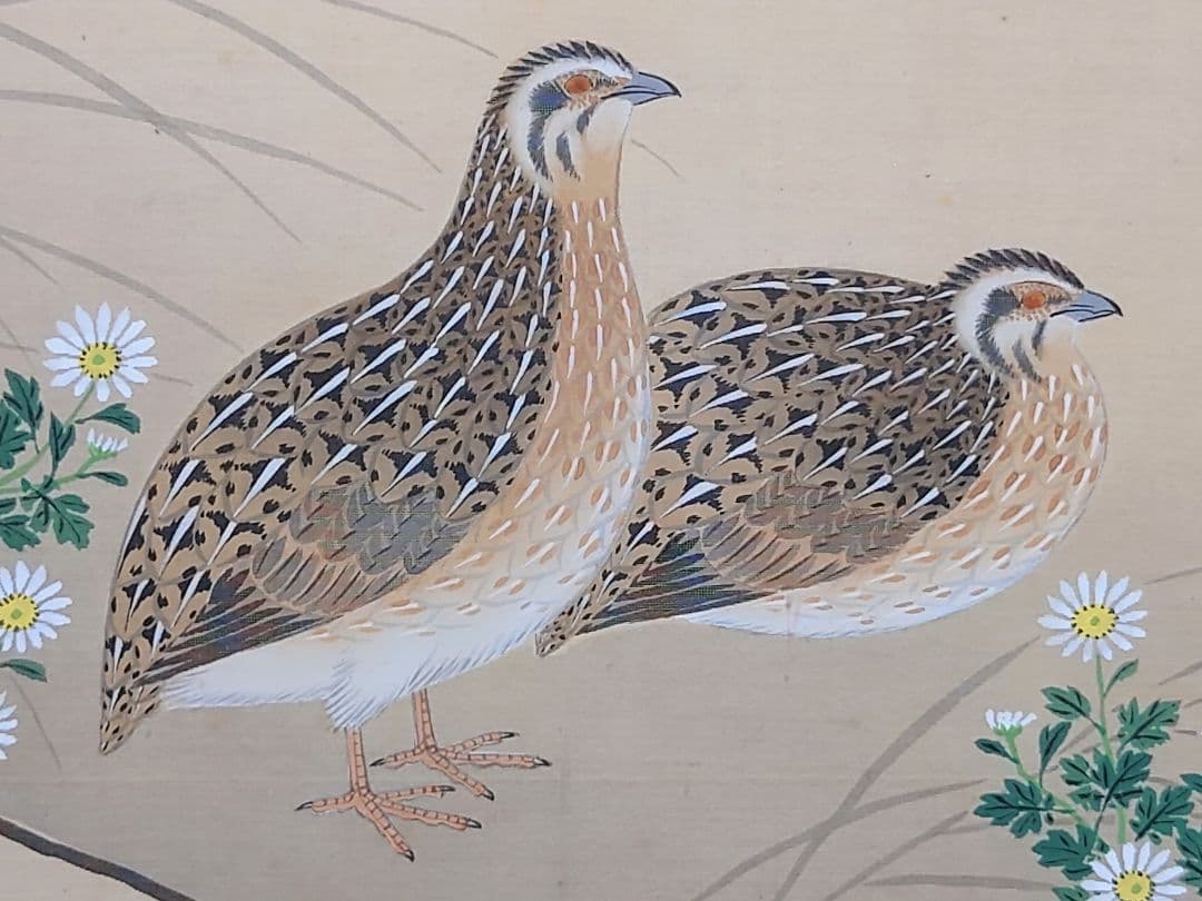 大値下げ◆中秋の名月双鶉◆日本画家【猪巻清明 画伯】作品 : 肉筆真筆本物保証品