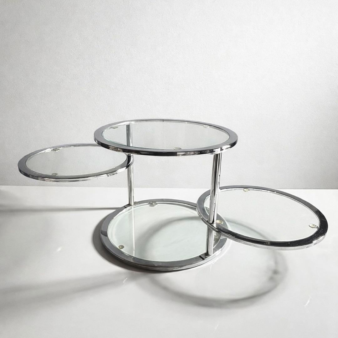 ミッドセンチュリー 4段 ガラスラウンドテーブル 可変式 レトロモダン