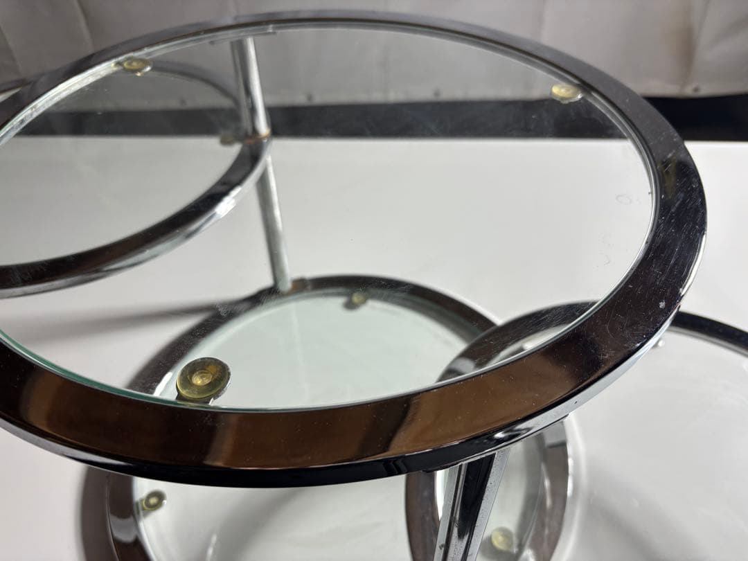 ミッドセンチュリー 4段 ガラスラウンドテーブル 可変式 レトロモダン
