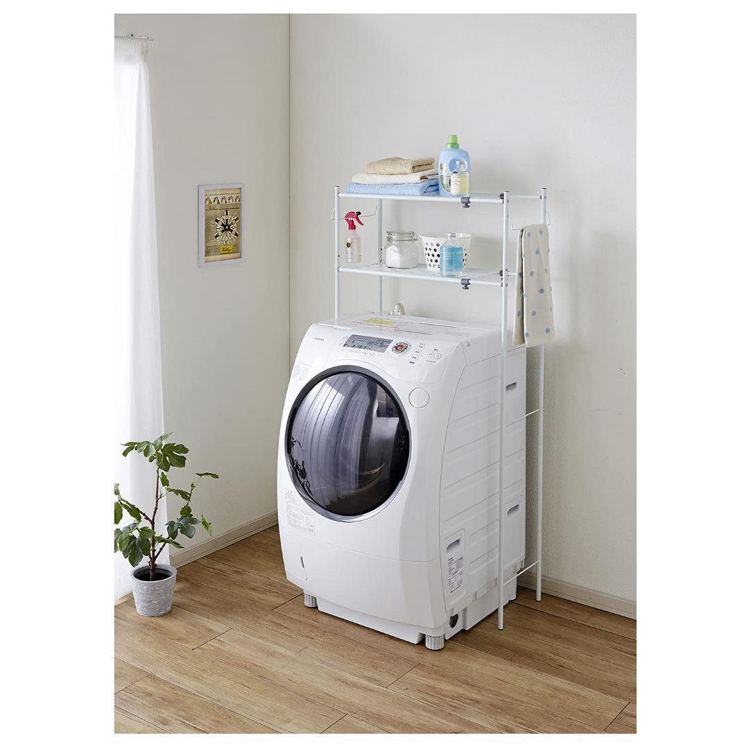 棚2段 ホワイト ランドリーラック タオル掛け付き 丸パイプ