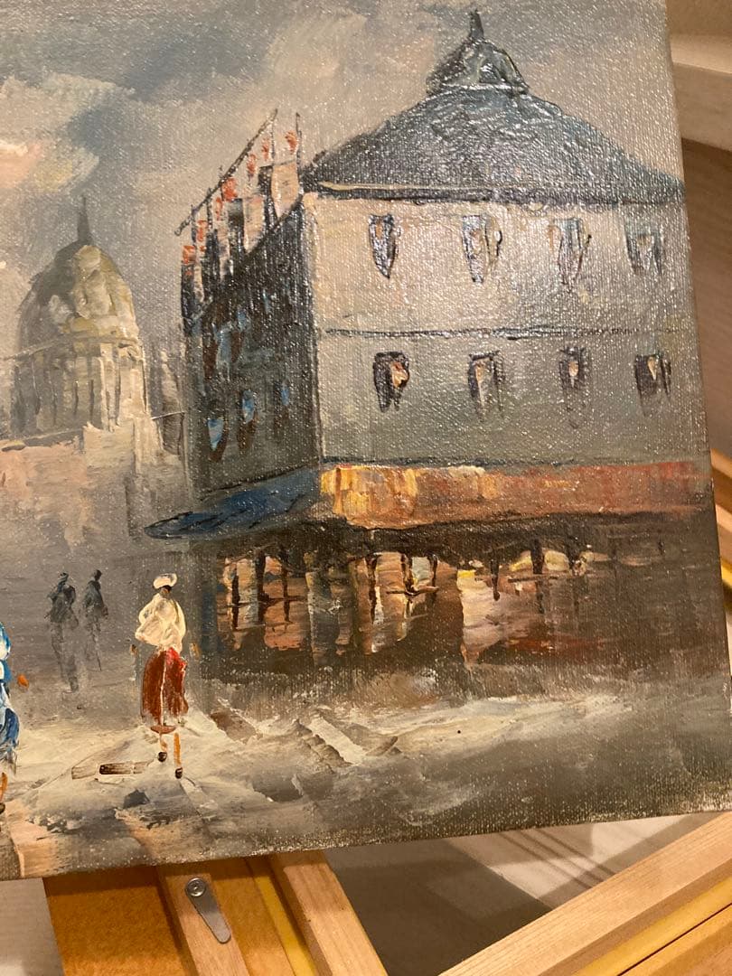 油彩画 街の風景 木製フレーム付きパリー モンマルトルの丘 カーン