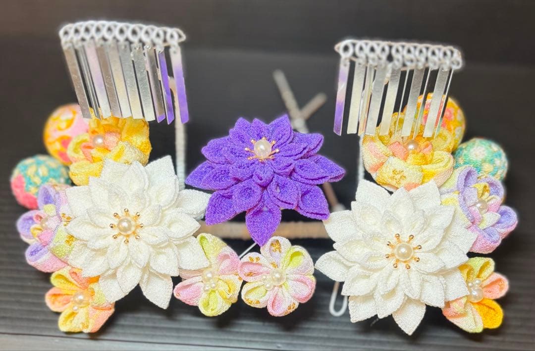 おにぎりさま専用確認用 七五三髪飾りセット 白色×藤色 7-36