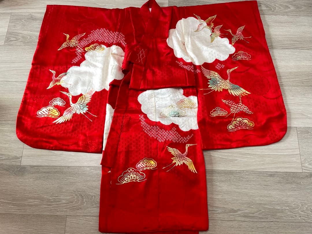 七五三　3歳　女の子　フルセット　一式　赤系　鶴　正絹