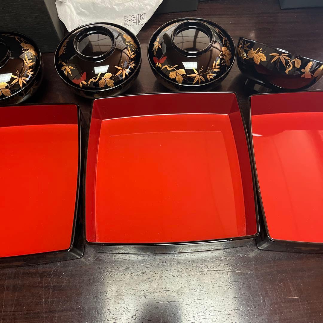 ハナエモリ　しっきシック 三段重、蓋付き椀　桐、竹、蝶柄 石川県加賀市　山中塗