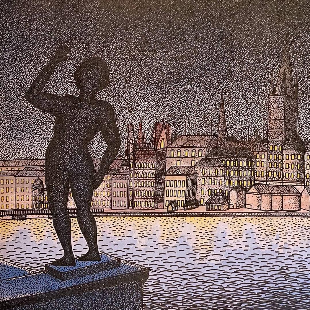 山下清、【ストックホルムの夜景】、希少な額装用画集より、新品額装付