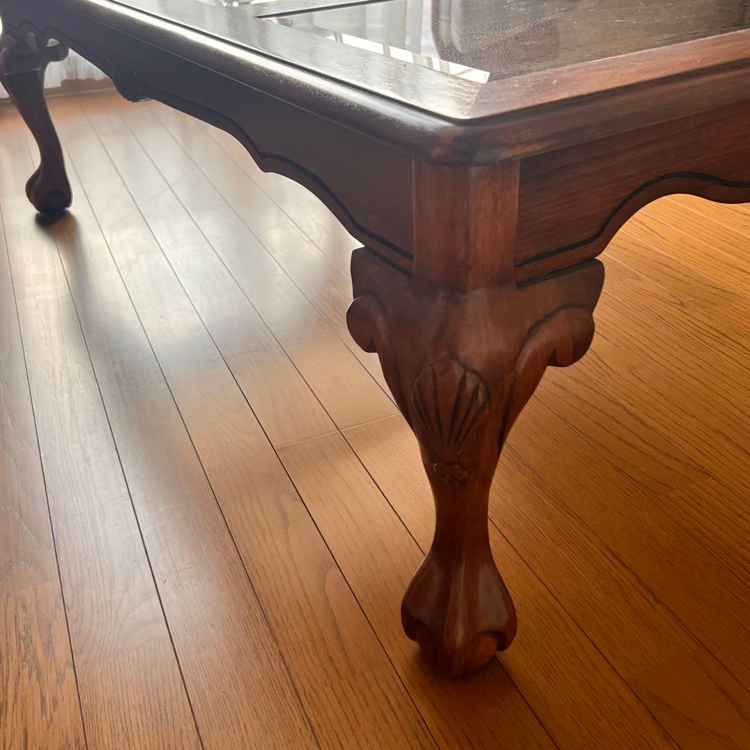 木製座卓 ガラス天板 ダークブラウン アンティークテーブル アメリカ輸入家具