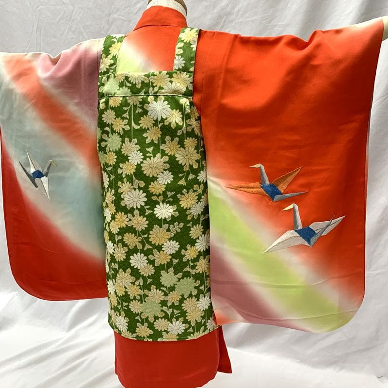 510ag33□七五三 三歳 女児 着物&被布ワンピース&長襦袢 折鶴□美品