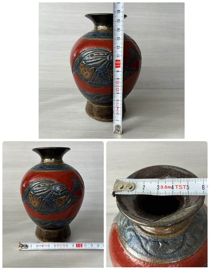 壺屋焼 小橋川清正 赤絵 魚紋 花瓶 沖縄 花器 インテリア 壺 工芸品