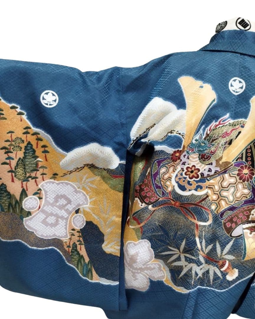 子供用 兜　刺繍 和装 青色　兄弟　リンクコーデ