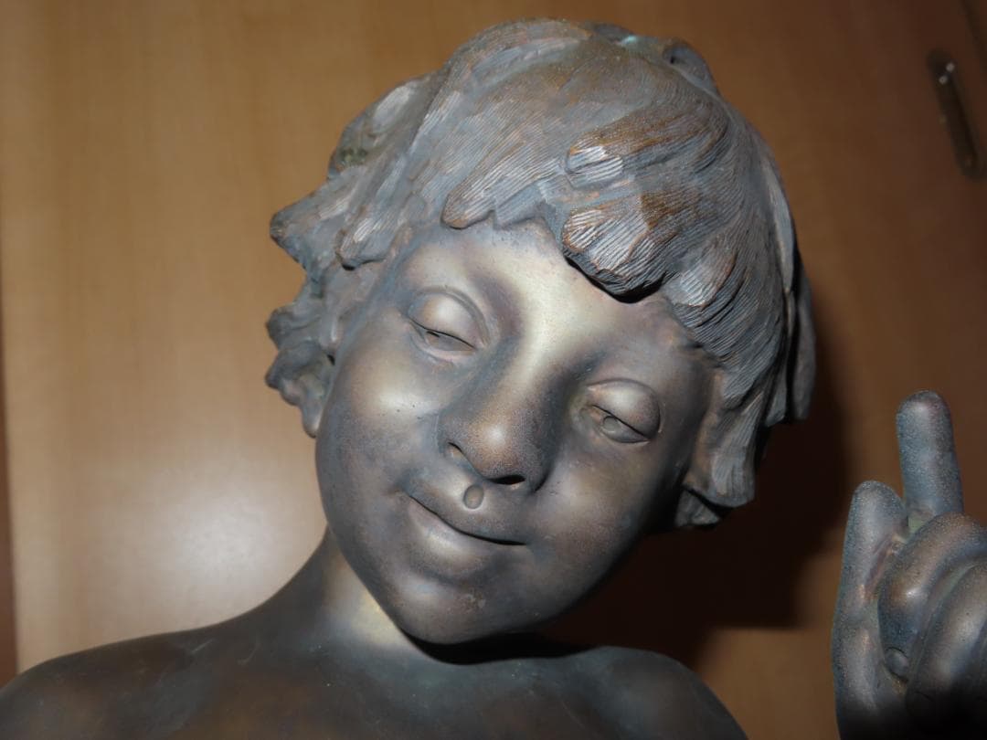 フランス彫刻家オーギュスト・モロー「少年と小鳥」 ブロンズ像 銅像