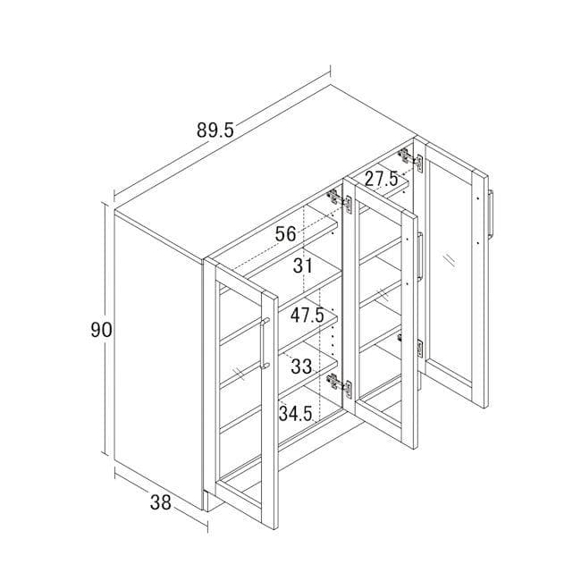 鏡面メラミン仕様 食器棚幅90cm キャビネット カップボード（683）
