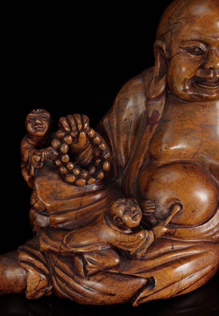 石彫 布袋尊 童子戯れ 置物 高さ21cm 七福神 縁起物 仏像 古美術 骨董品