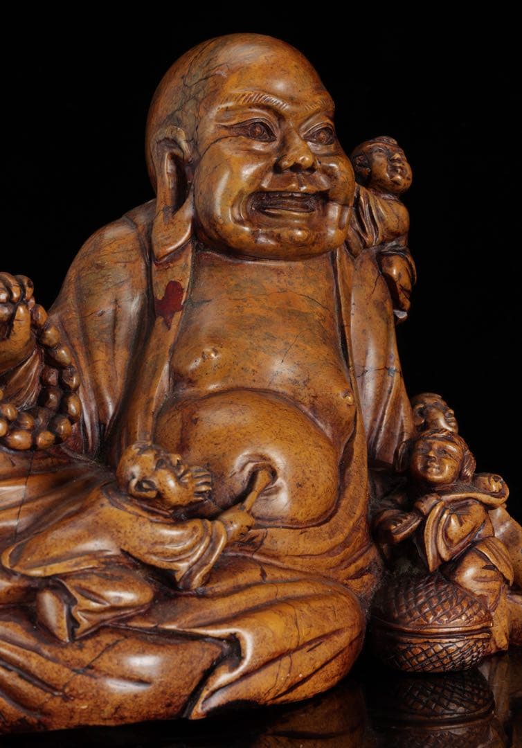 石彫 布袋尊 童子戯れ 置物 高さ21cm 七福神 縁起物 仏像 古美術 骨董品
