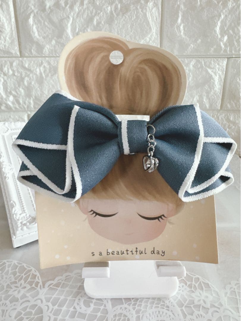No.22リボンヘアゴム☆ハンドメイド☆ホワイトウールエッジ☆薄いブルー