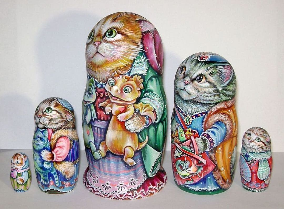 ロシア雑貨ネコマトリョーシカ『干支』｛5P)ドラゴン 龍 辰 猫 縁起物 ミラ作