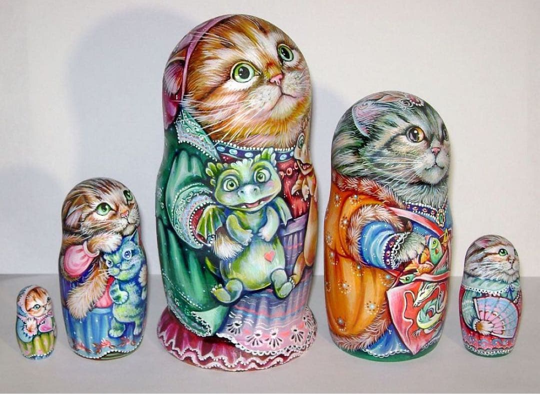 ロシア雑貨ネコマトリョーシカ『干支』｛5P)ドラゴン 龍 辰 猫 縁起物 ミラ作