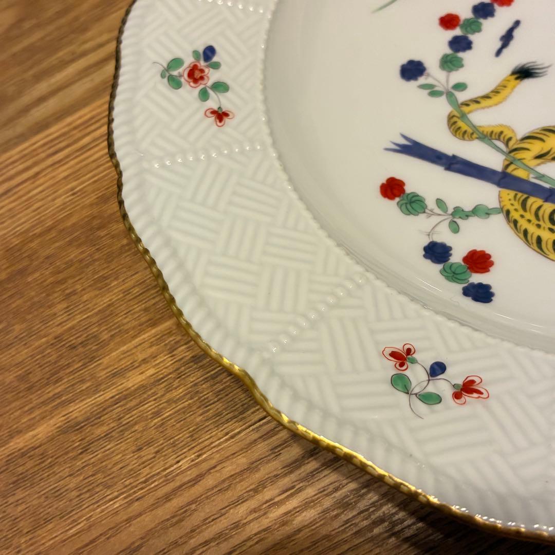 Meissen】シノワズリ 柿右衛門様式 竹虎 黄獅子 22cm丸皿プレート