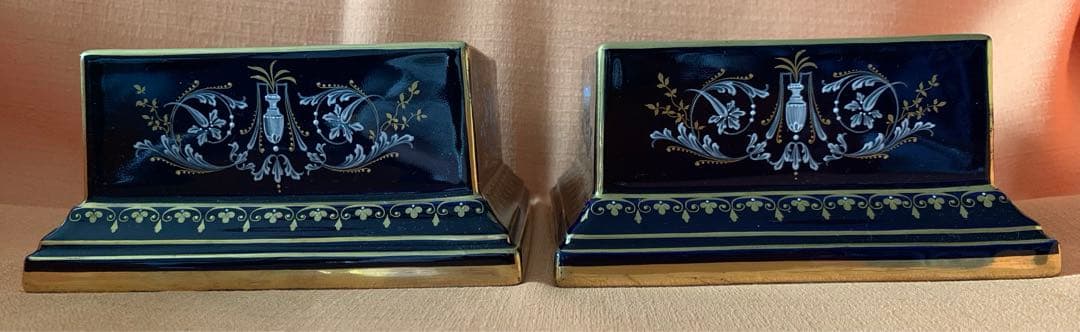 ウィーン窯 瑠璃金彩花瓶台 一双 ハンドペイント