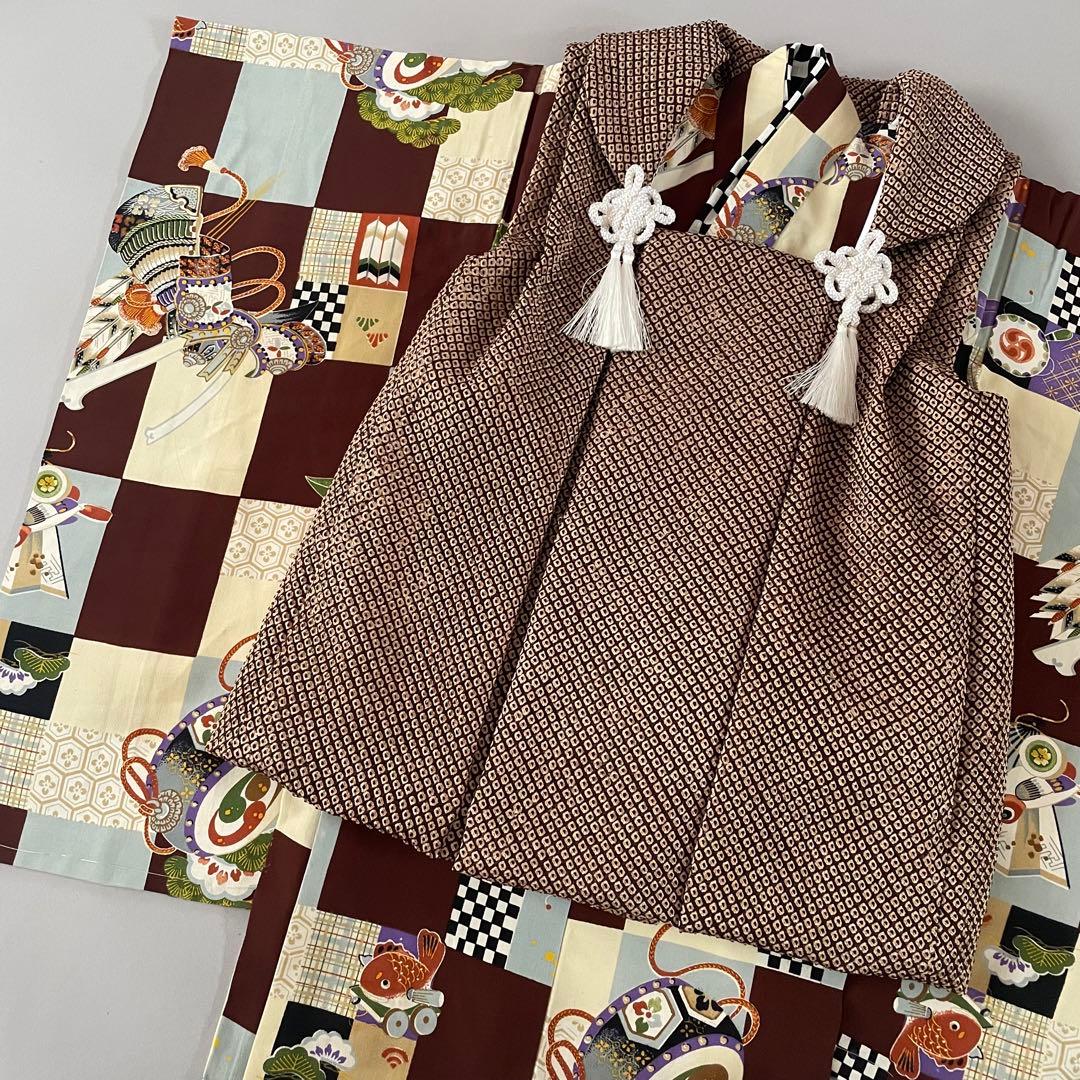 美品　七五三　3歳　アンティークお着物セット　正絹　ブラウンの総絞り被布　ブーツ