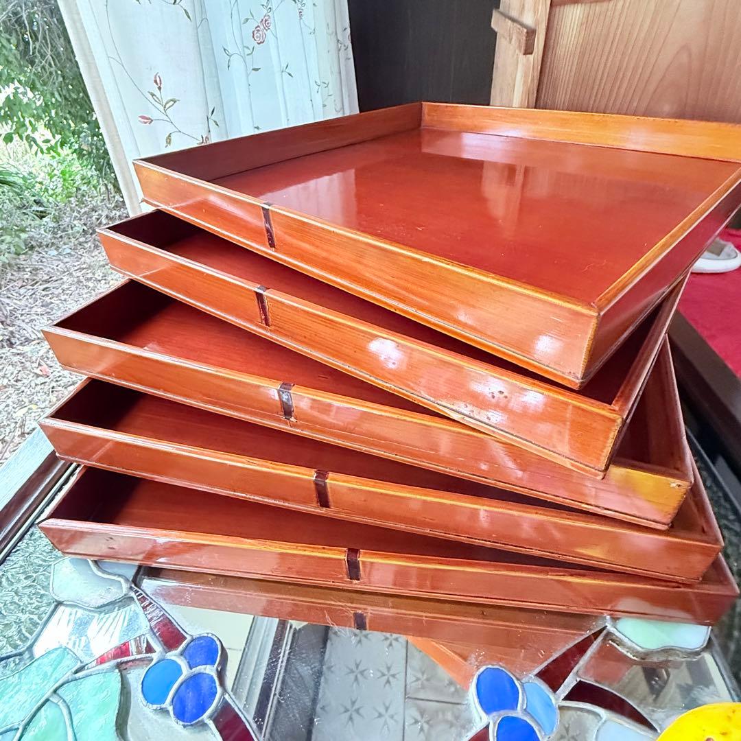 迎春感謝‼️キャラメル色‼️JAPAN 飛騨春慶塗飴色「胴張り御膳」5客木箱入