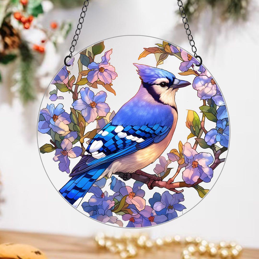 サンキャッチャー 壁掛け飾り ステンドグラス インテリア 鳥 青 20cm