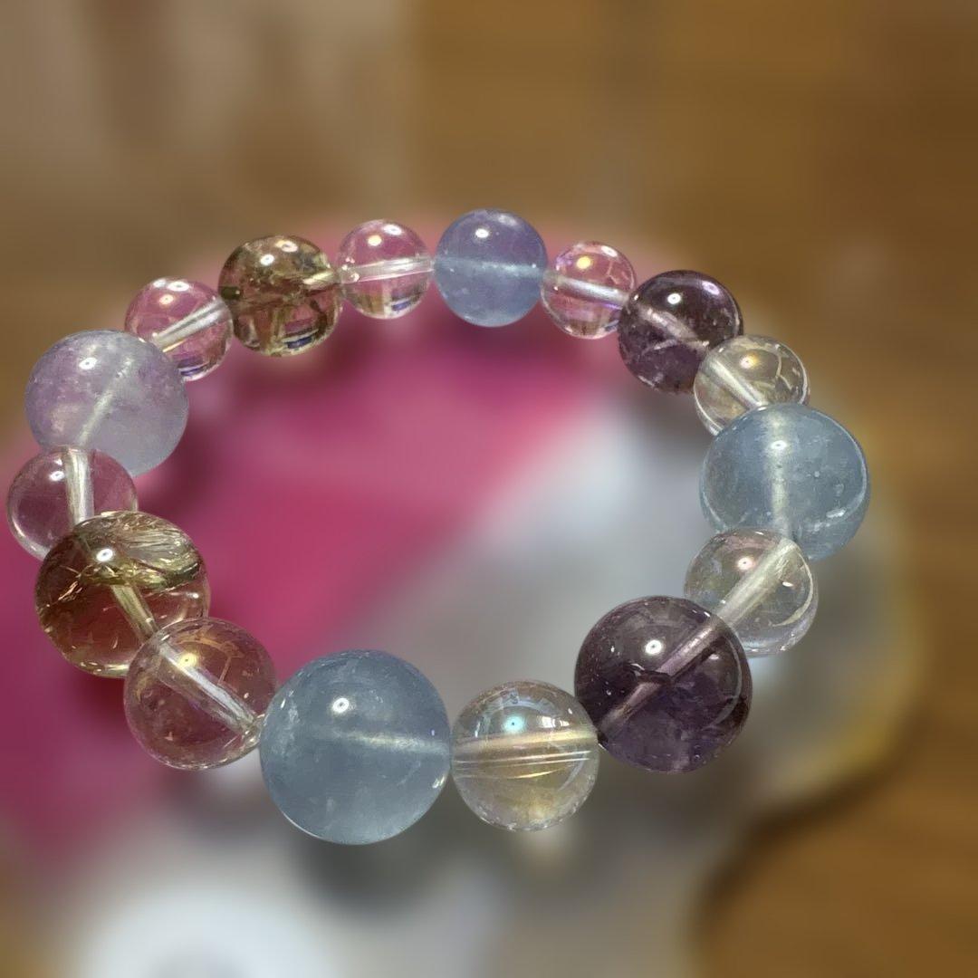 【上級】天然石ブレスレット　アクアマリン　シトリン虹色クォーツ　アメジスト