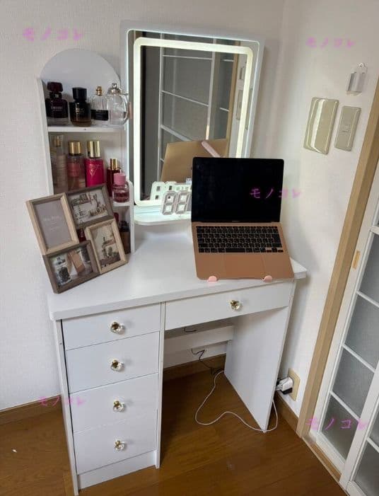 （モノコレ）ドレッサー 幅 80cm LED ライト スツール付き ホワイト