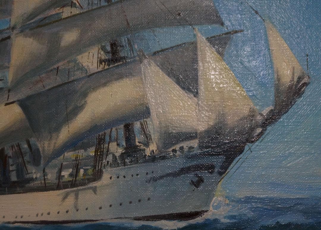 額装入1981年油彩画 大型油絵『順風満帆』F20肉筆 海洋風景画 作者サイン入