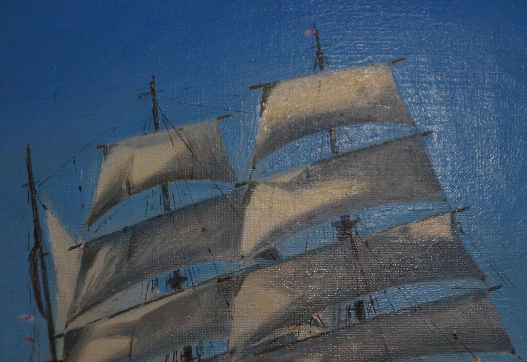 額装入1981年油彩画 大型油絵『順風満帆』F20肉筆 海洋風景画 作者サイン入