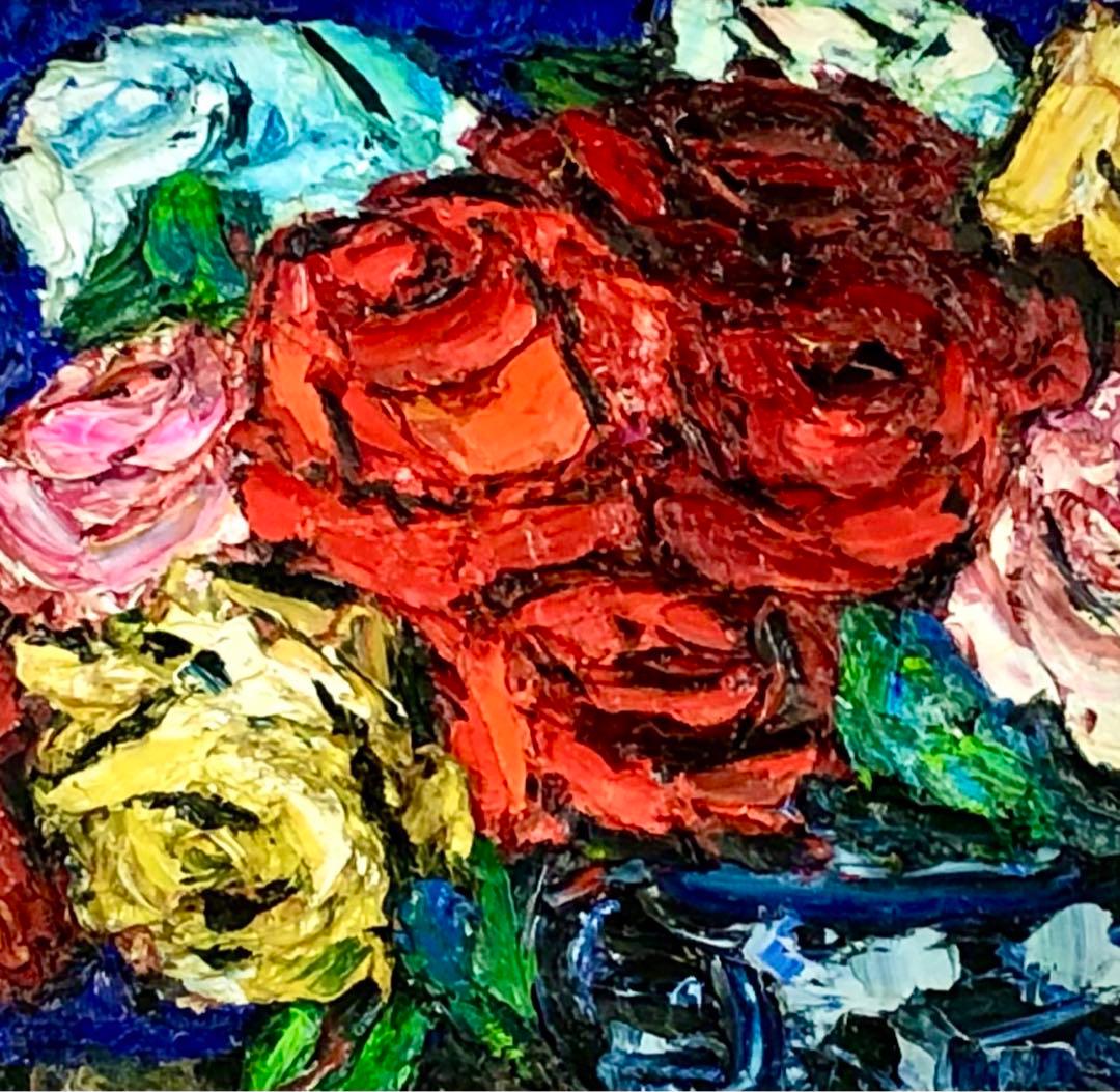 北川金治 真作「薔薇」油彩4号 色鮮やかな厚塗り薔薇図名品 サイン