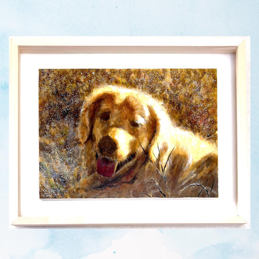 犬の絵「ゴールデンレトリバー 」油彩画 フレーム付き（面版なし