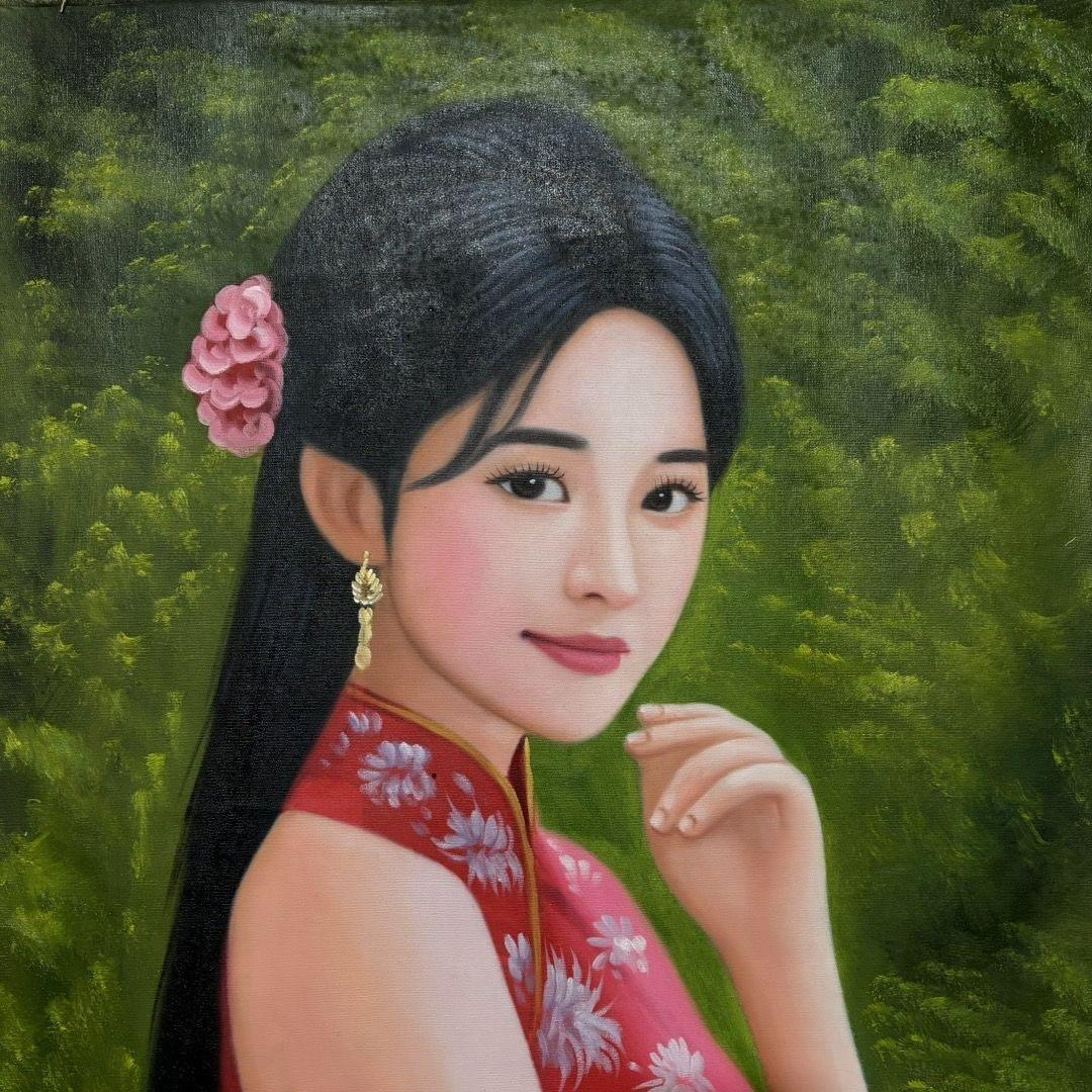 手描き 水彩油画 人物画 冷军 作品図 中国絵画 約70×100cm 未表装