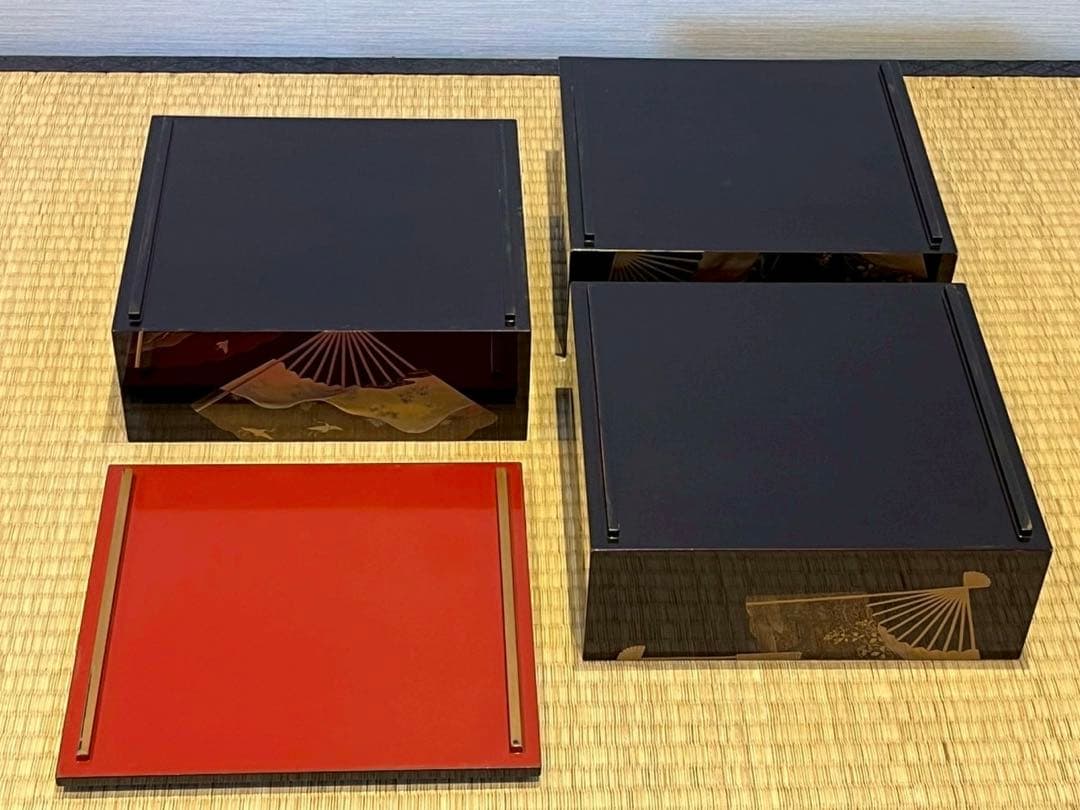 時代漆器 扇面金銀高蒔絵 三段重箱 / 加賀蒔絵 木製漆器 茶懐石道具