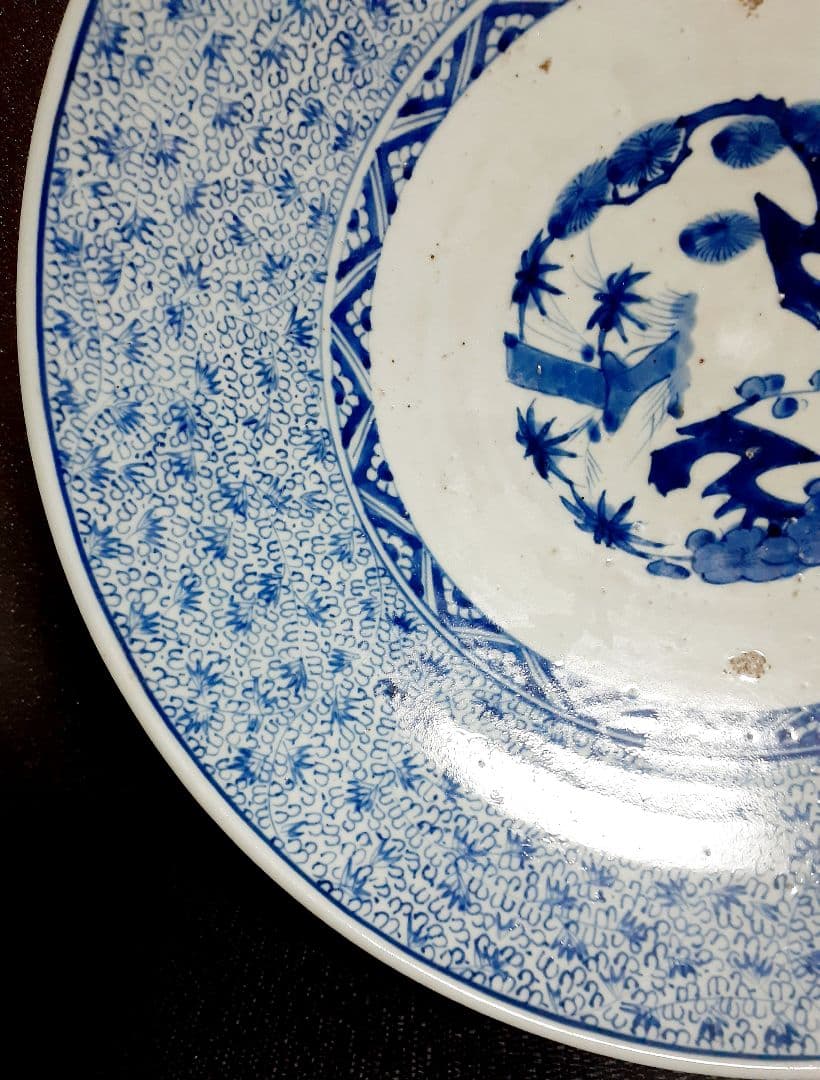 江戸時代後期　古伊万里　染付　手描き　みじん唐草文様　40.7cm　大皿