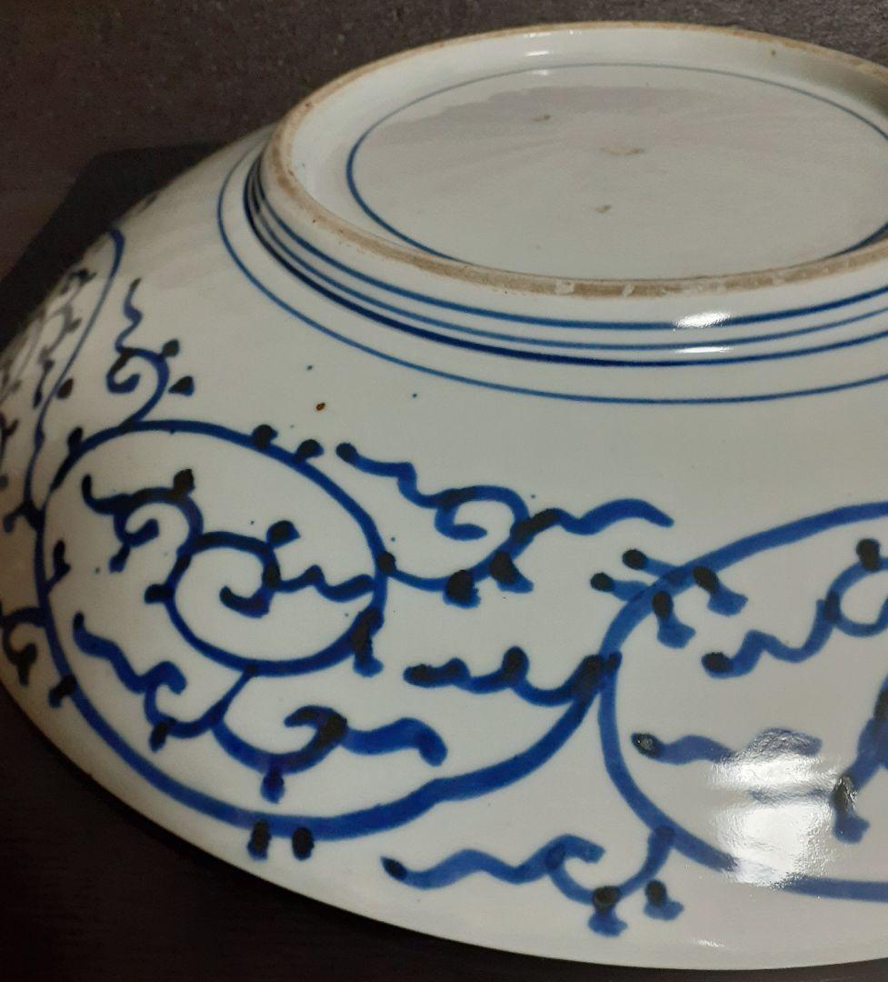 江戸時代後期　古伊万里　染付　手描き　みじん唐草文様　40.7cm　大皿