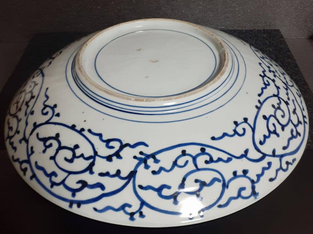 江戸時代後期　古伊万里　染付　手描き　みじん唐草文様　40.7cm　大皿