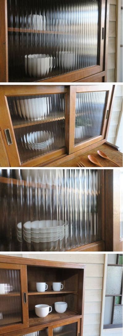 無垢材　モールガラス　水屋箪笥　昭和レトロ