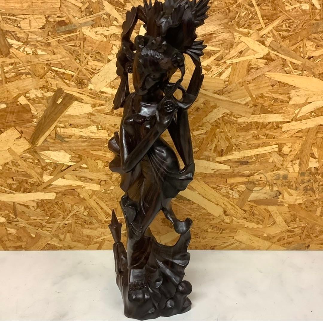 アジアン木彫り像 女性 彫刻 置物 民芸品 インテリア 昭和レトロ(Q-15