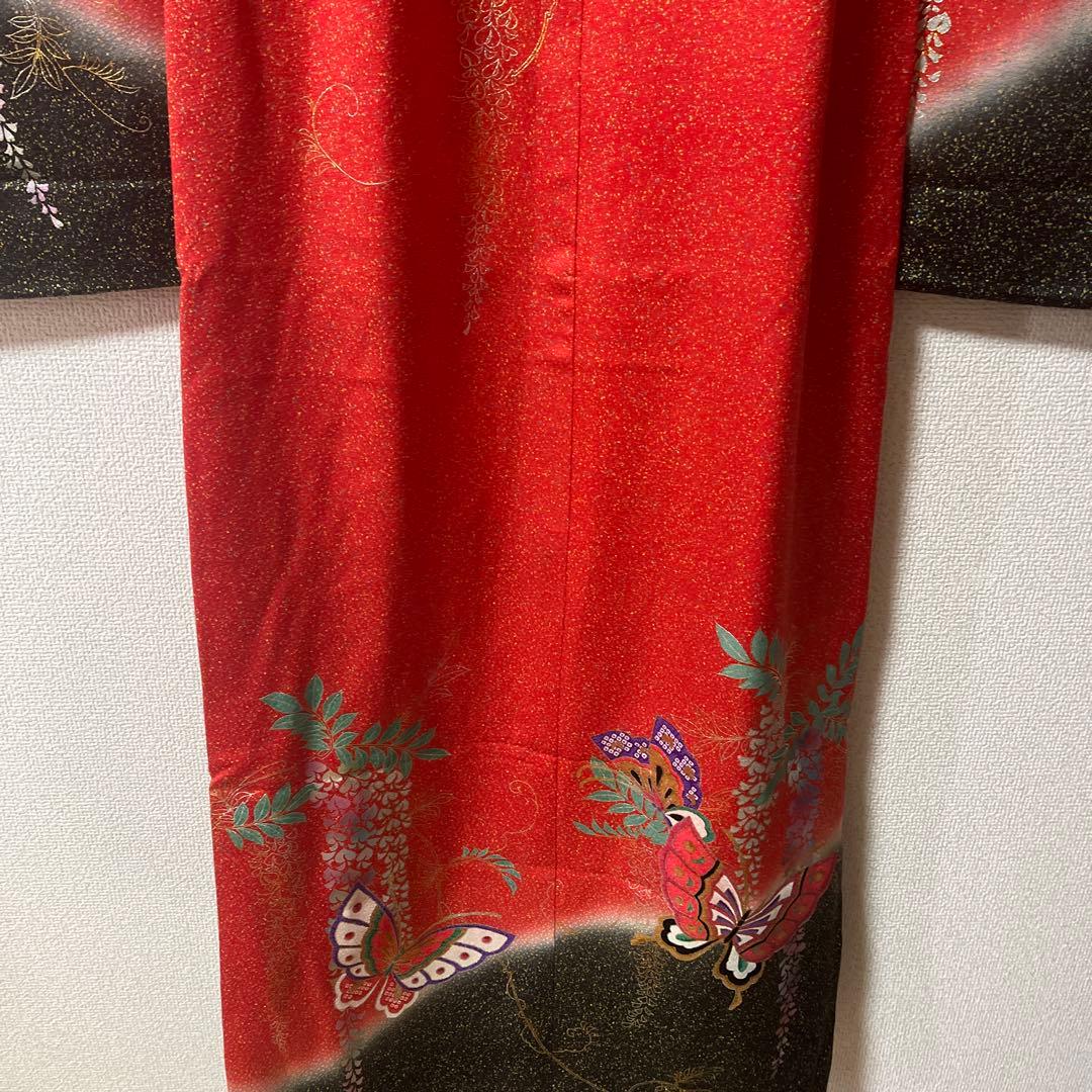 七五三 7歳 作り帯 正絹 赤 黒 蝶 アンティーク フルセット 赤黒 金彩