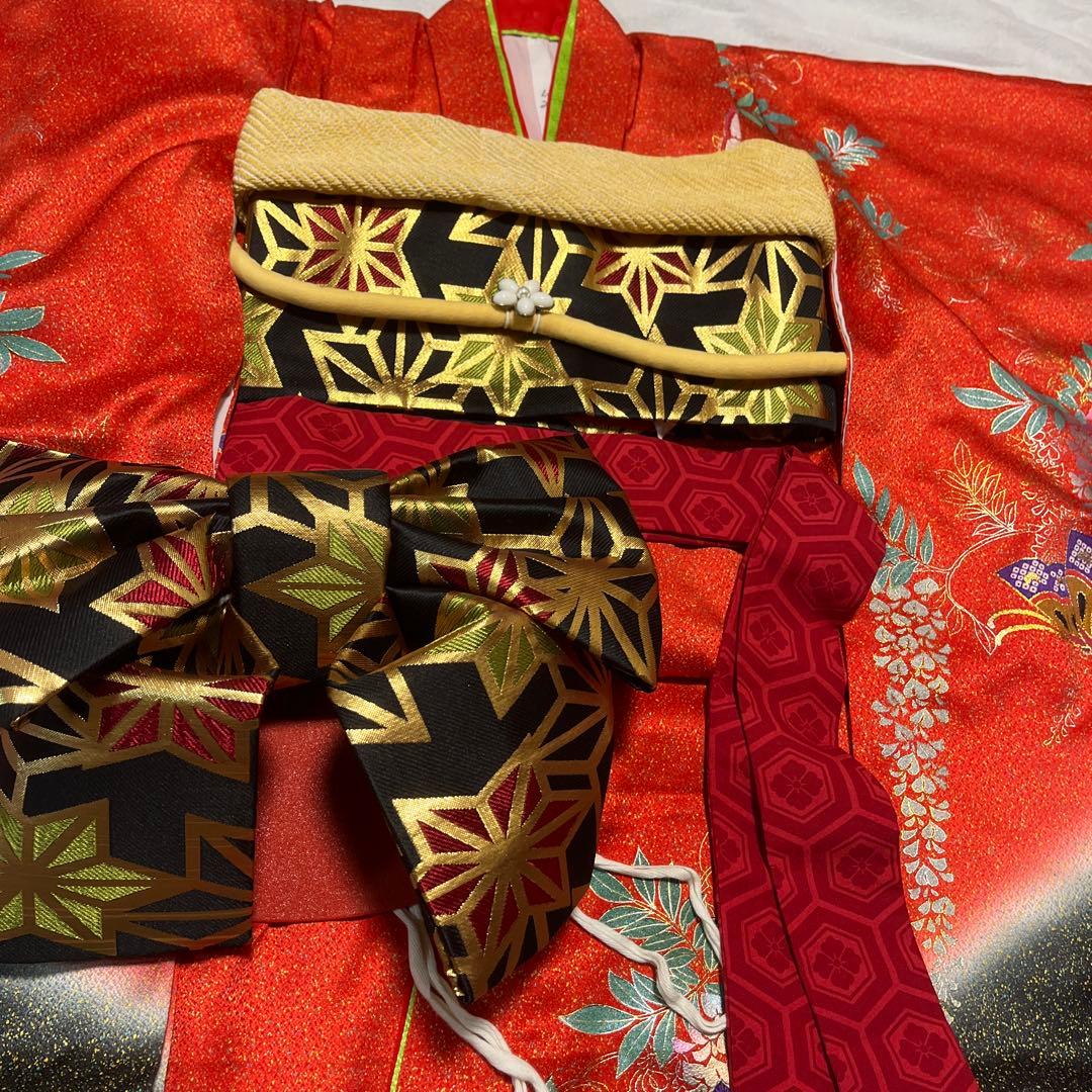 七五三 7歳 作り帯 正絹 赤 黒 蝶 アンティーク フルセット 赤黒 金彩