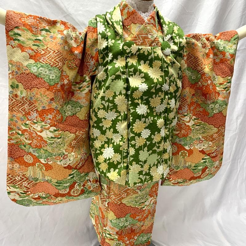 509ag42□七五三 三歳 セミアンティーク 女児 着物&被布 総柄□状態良好