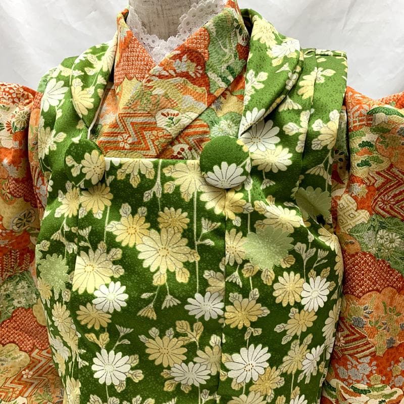 509ag42□七五三 三歳 セミアンティーク 女児 着物&被布 総柄□状態良好