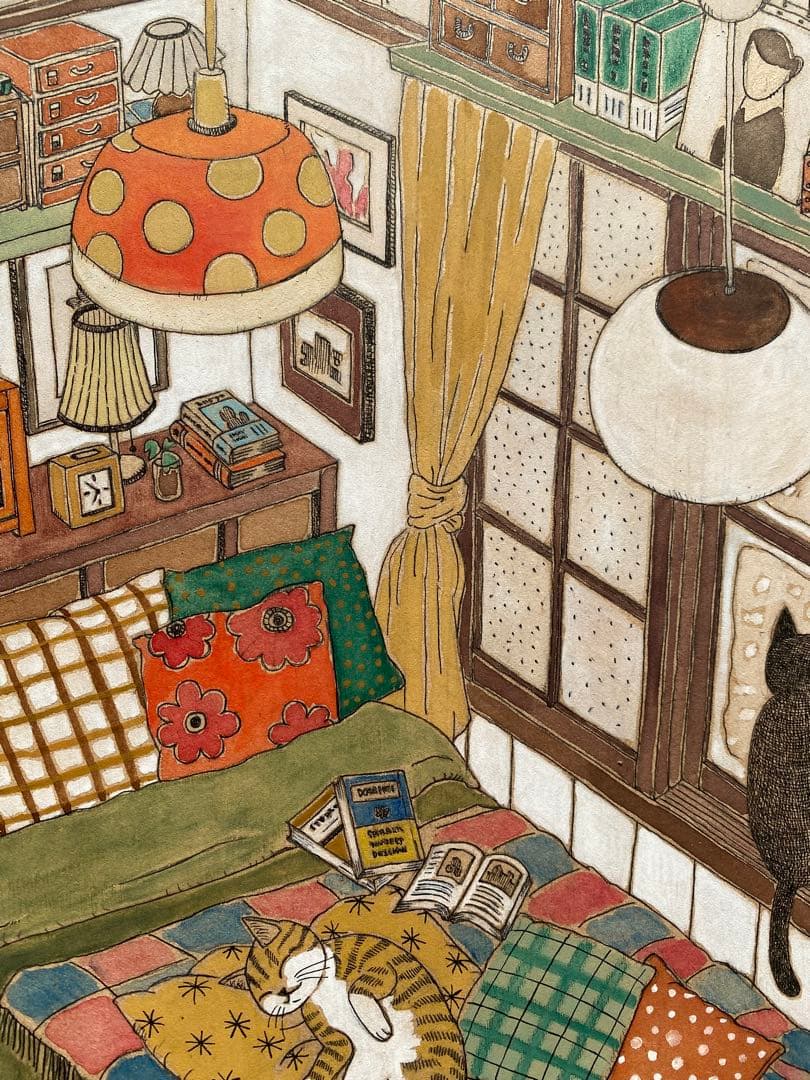《送料無料》原画「寝室の猫たち」猫イラスト インテリアアート